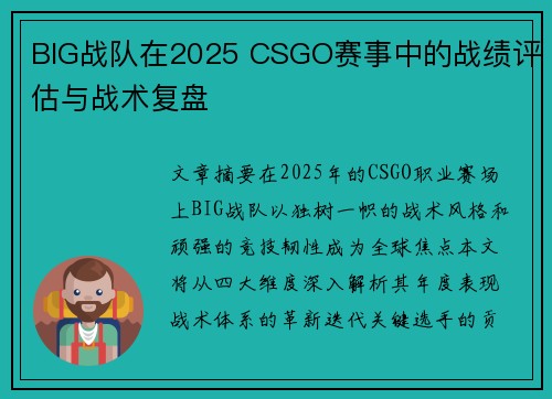 BIG战队在2025 CSGO赛事中的战绩评估与战术复盘